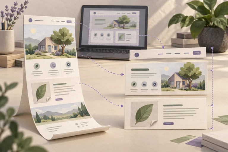 Illustrated website design separated into reusable navigation, service and article modules