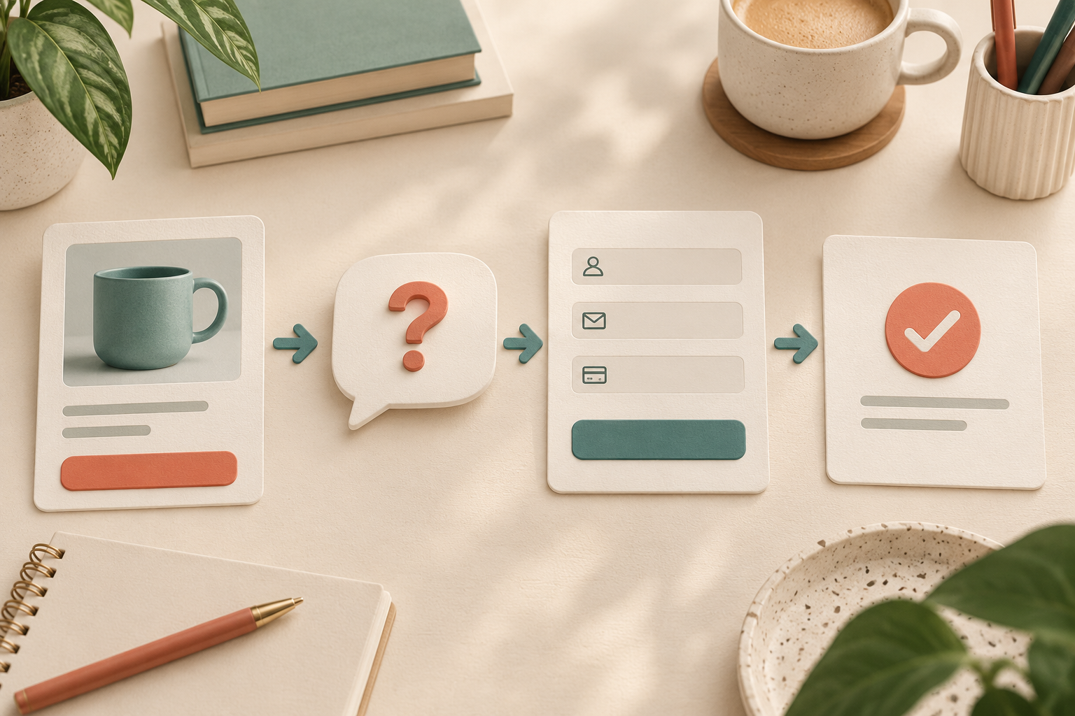 Product card, question bubble, short form and confirmation arranged on an ivory desk