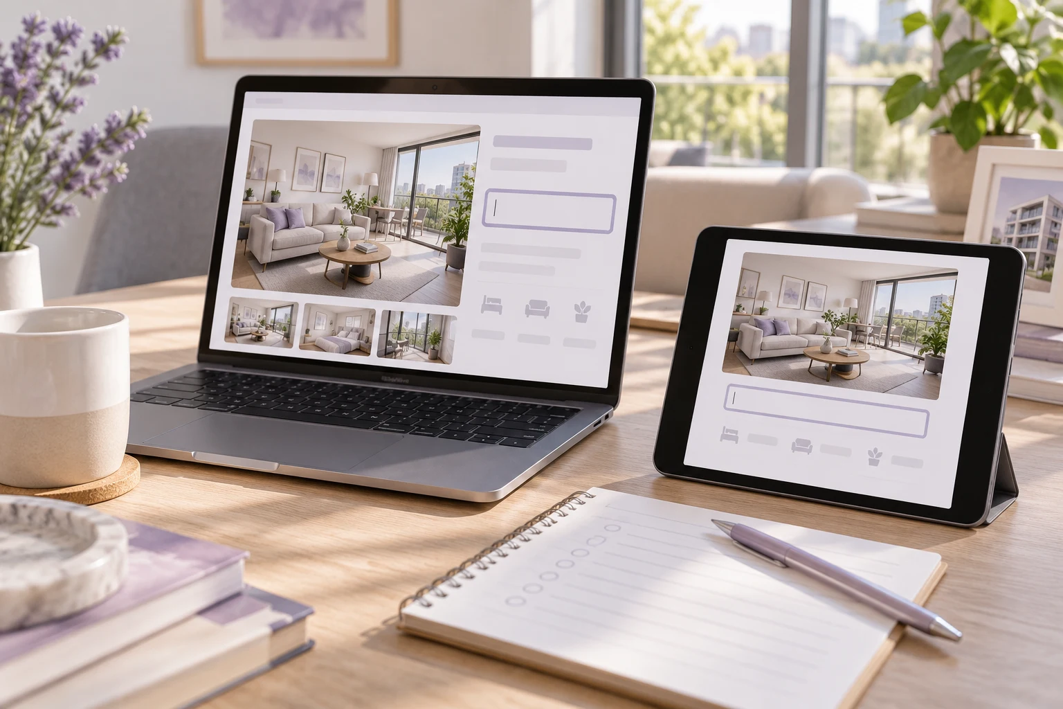 Laptop and tablet showing the same apartment listing beside an update log