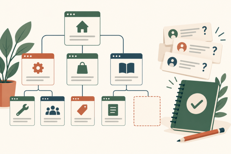 Website topic map with one empty card beside customer-question notes and a source catalog.