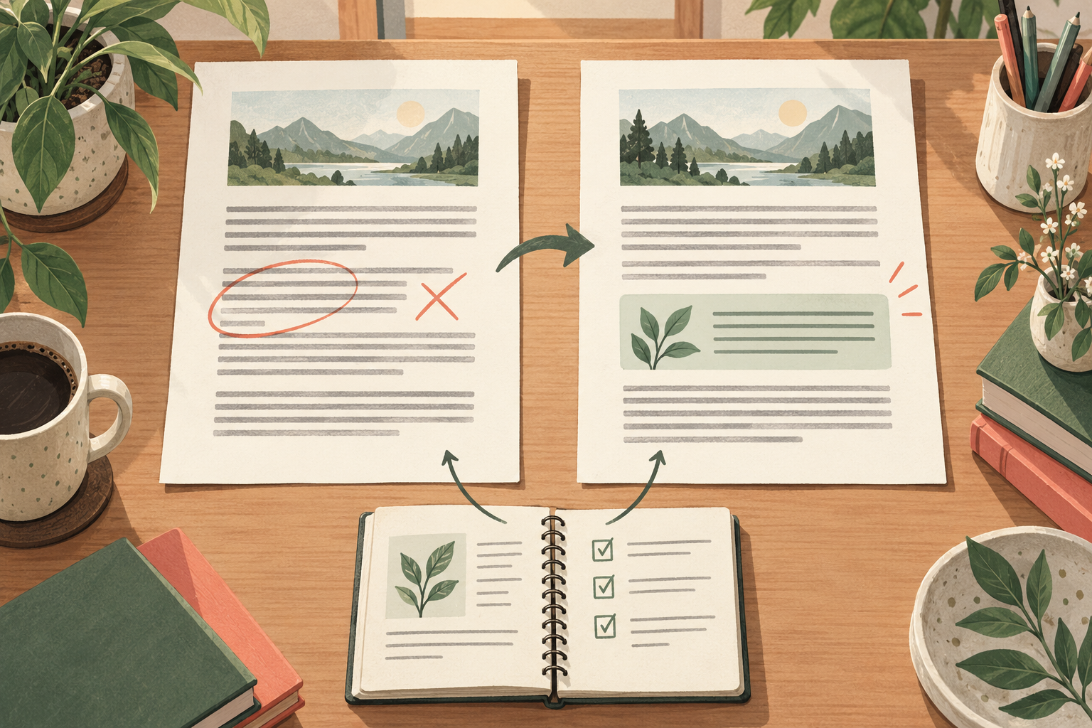 Original and revised article pages beside a source notebook and editing pencil.