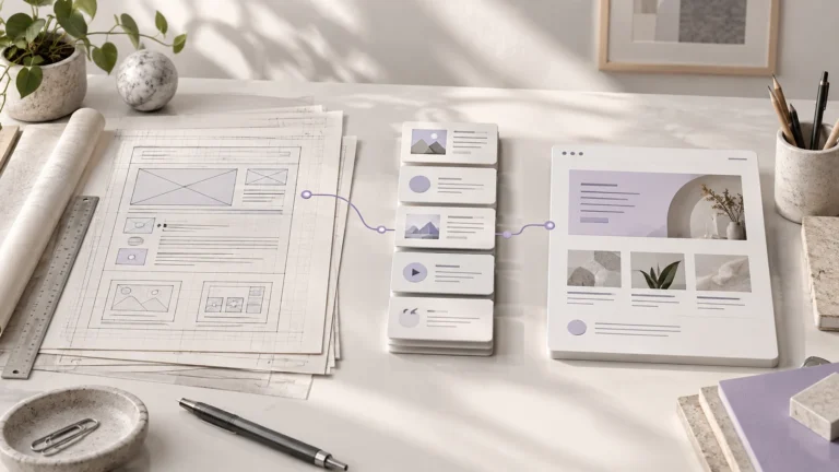 Website layout blueprint connected to structured content cards and an editable page panel