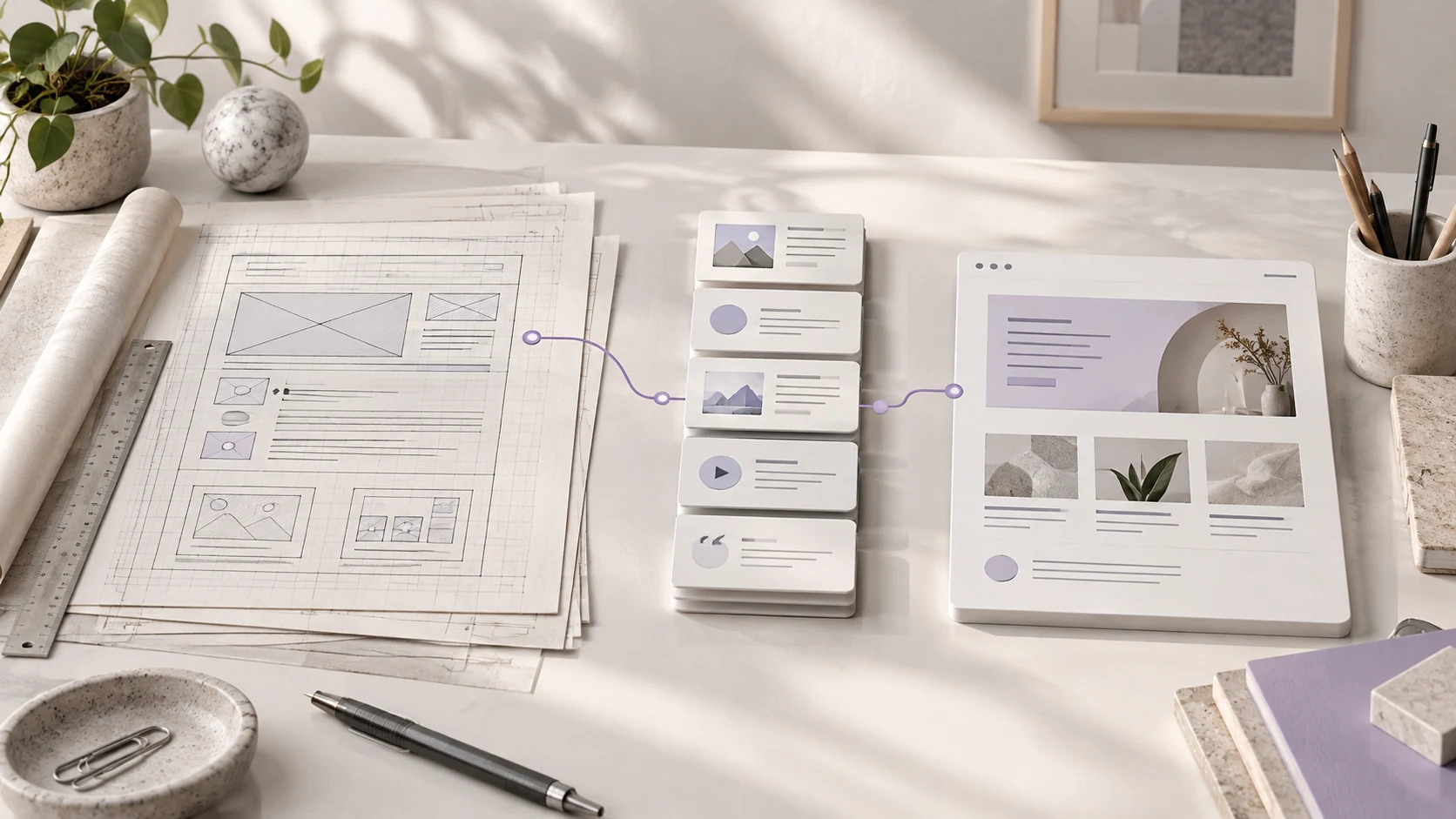 Website layout blueprint connected to structured content cards and an editable page panel