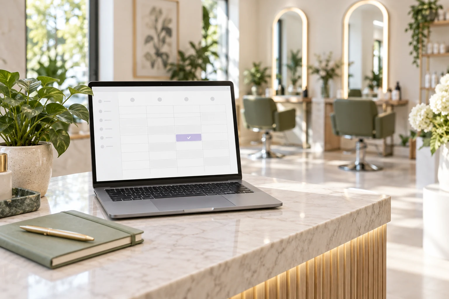 Laptop calendar with a selected appointment at a salon reception desk
