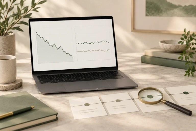 Conceptual laptop charts showing a falling overall line beside stable segments and timeline notes