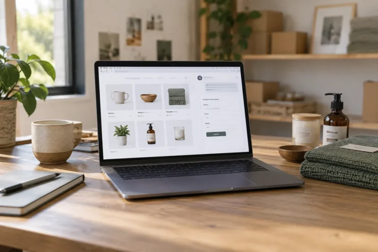 Conceptual laptop displaying a product catalog and customer assistance panel on a business desk