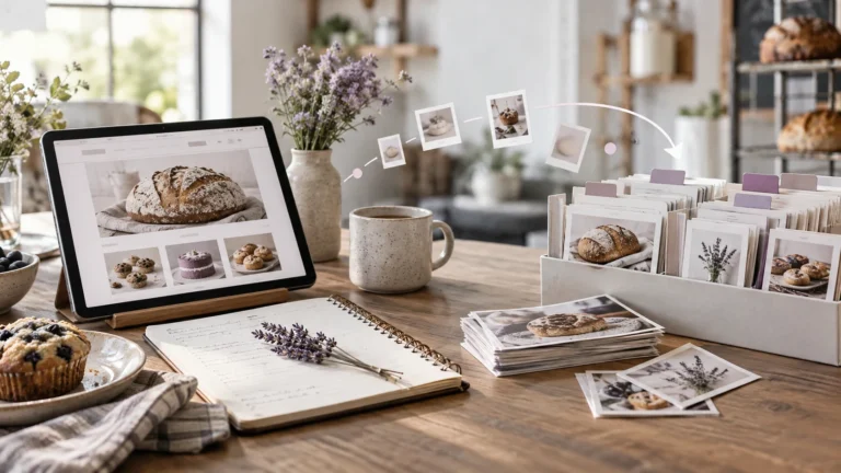 Bakery website on a tablet beside a recipe notebook and organized article archive cards