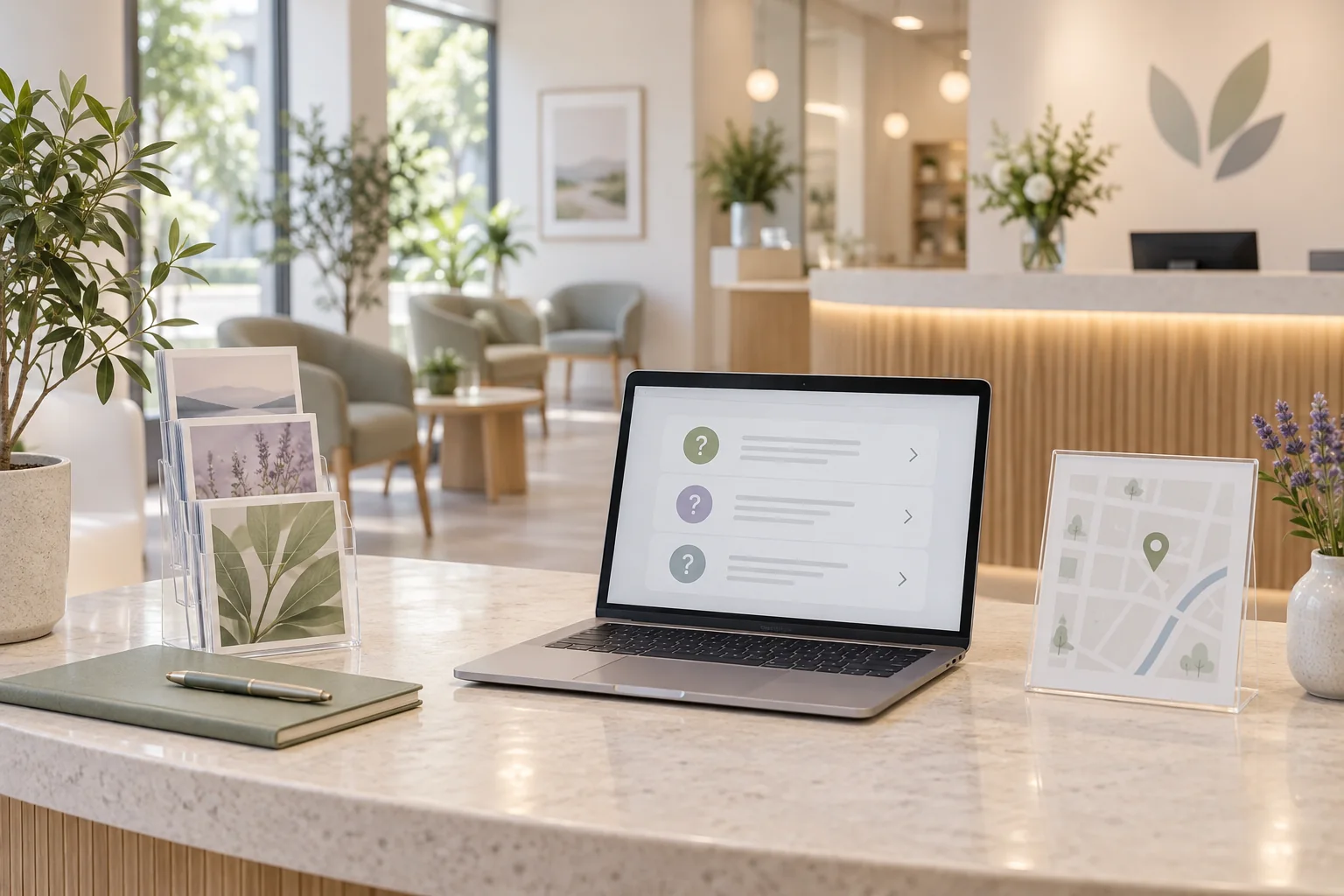 Clinic laptop with generic FAQ cards beside public brochures and a simple location map