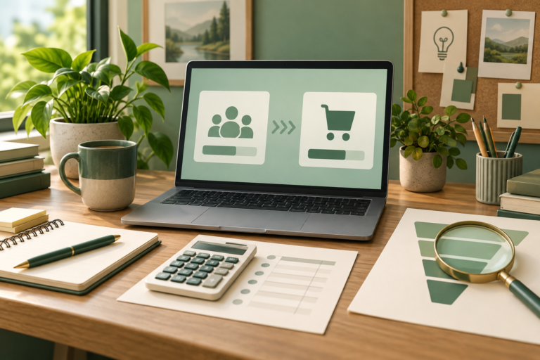 Conceptual visitor-to-cart measurement on a laptop beside a funnel chart and calculator