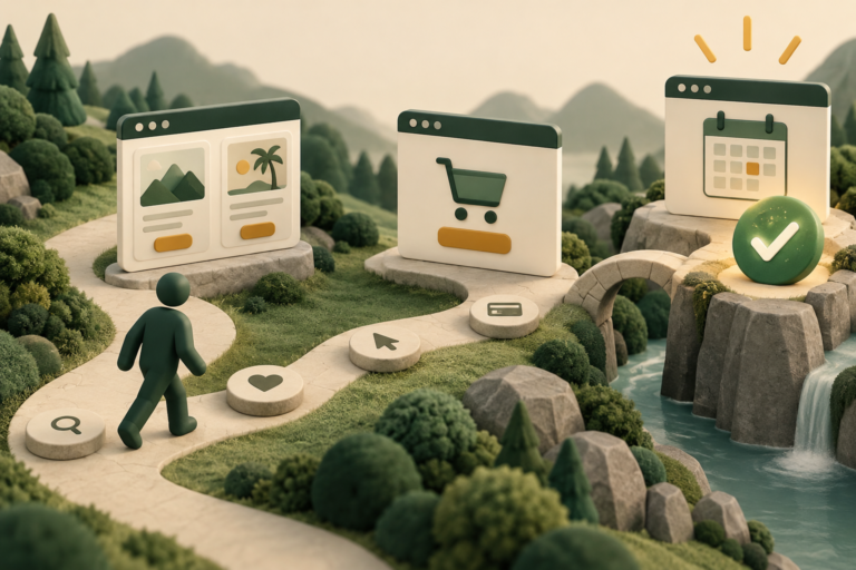 Conceptual visitor journey through product comparison, cart and booking stations