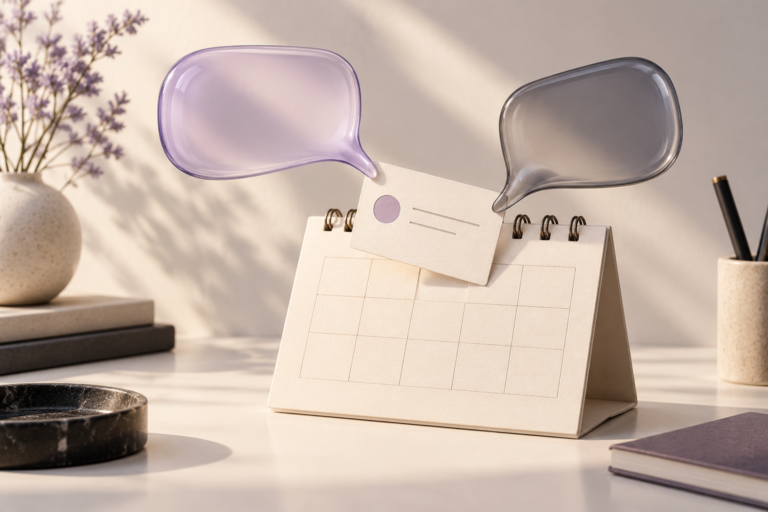 Bulles de conversation translucides guidant une fiche de rendez-vous vers un calendrier de bureau
