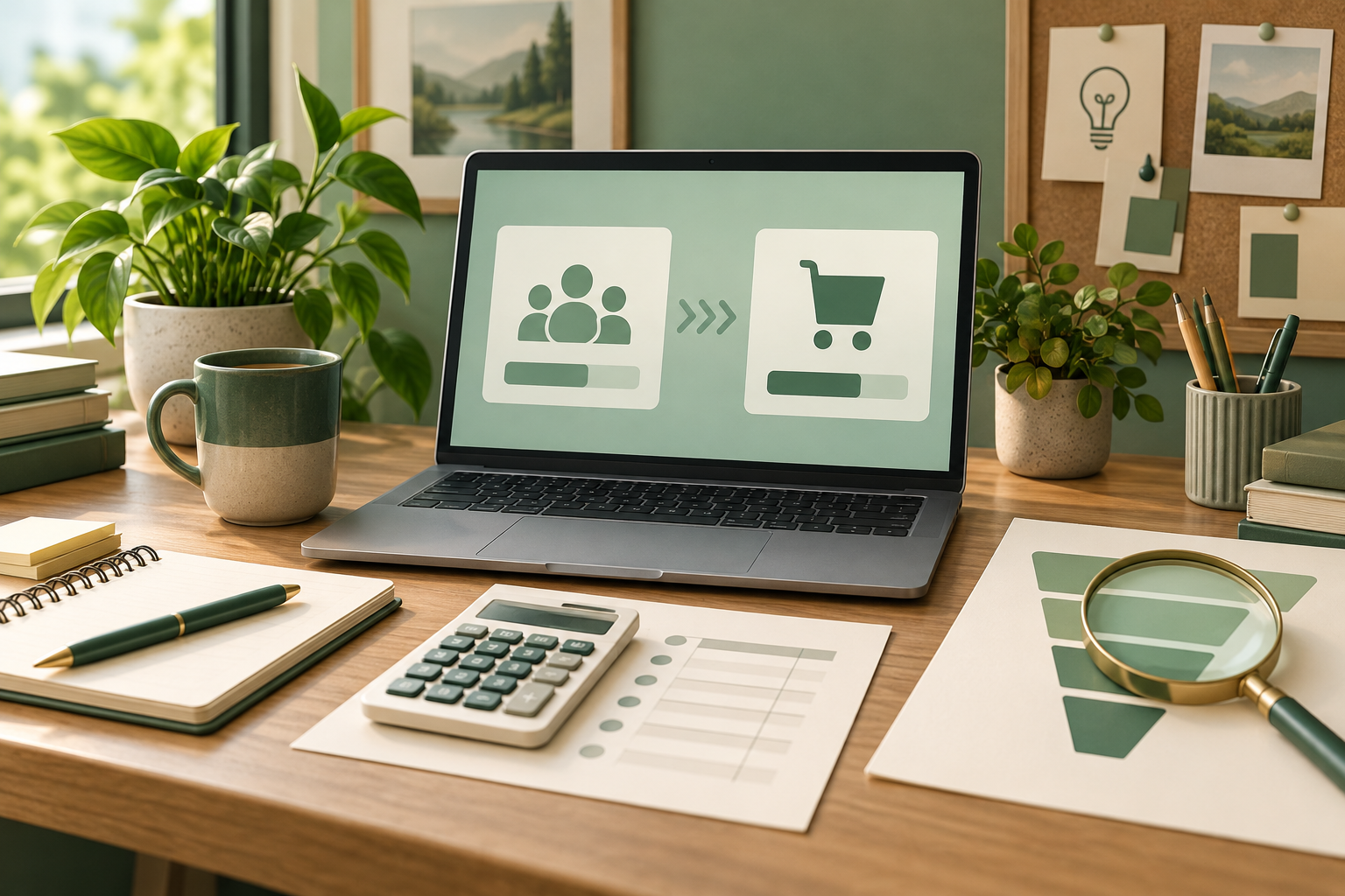 Conceptual desk illustration with visitor and shopping cart symbols, a calculator and a funnel chart