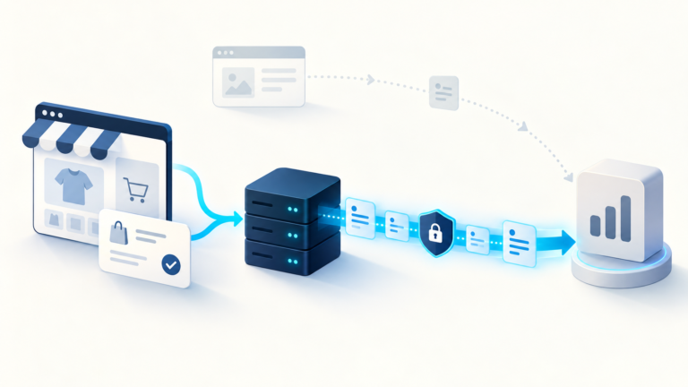 Conceptual server connection sending confirmed store events to an advertising measurement receiver