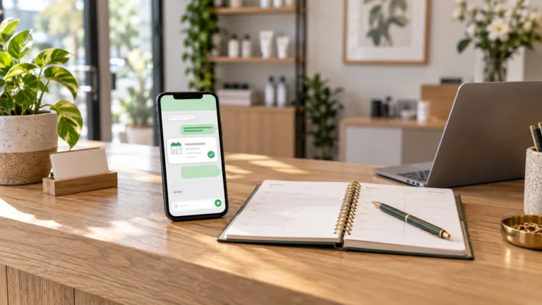 Phone with an abstract appointment message beside an open planner on a reception desk