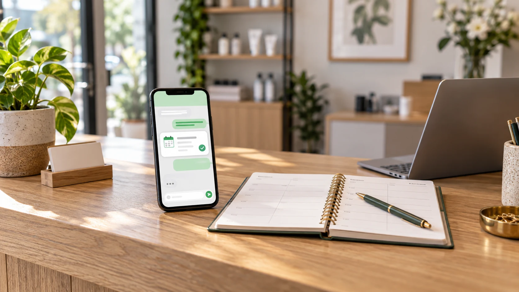Phone with an abstract appointment message beside an open planner on a reception desk