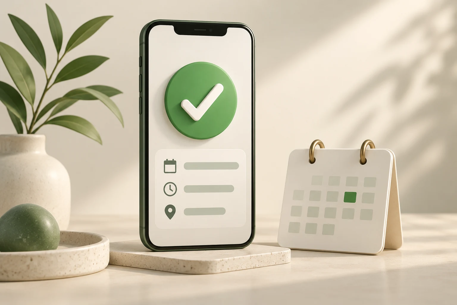 Phone displaying a confirmation check beside a small appointment calendar
