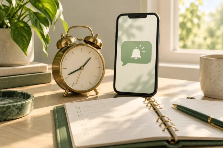 Alarm clock beside a phone reminder bubble and an appointment notebook