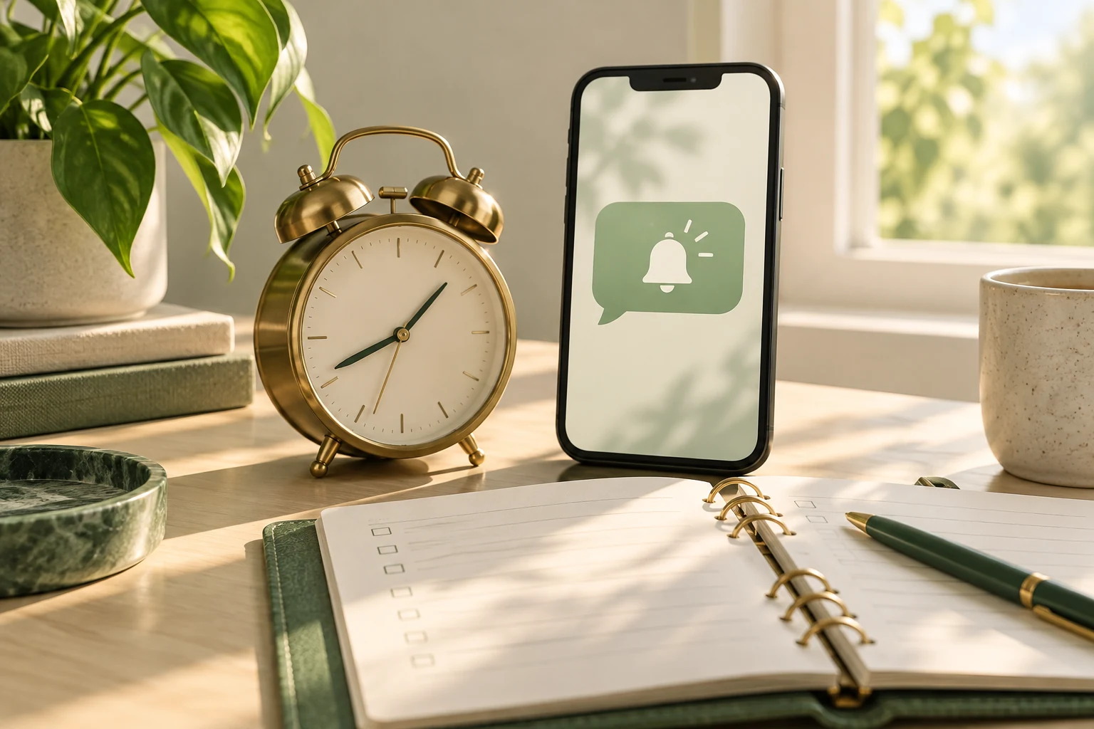 Alarm clock beside a phone reminder bubble and an appointment notebook