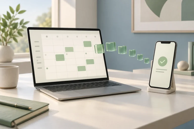 Laptop calendar connected to a phone by translucent green blocks