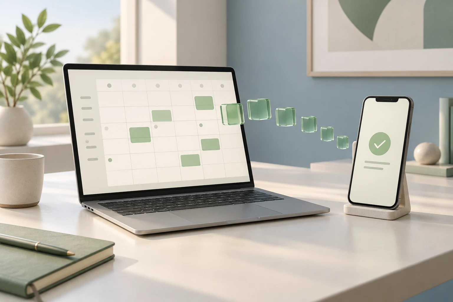 Laptop calendar connected to a phone by translucent green blocks