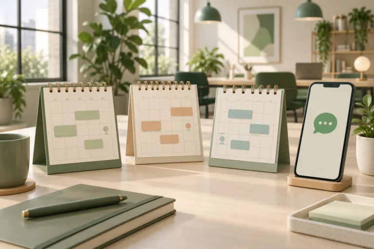 Three separate staff calendars with pastel appointments beside a phone