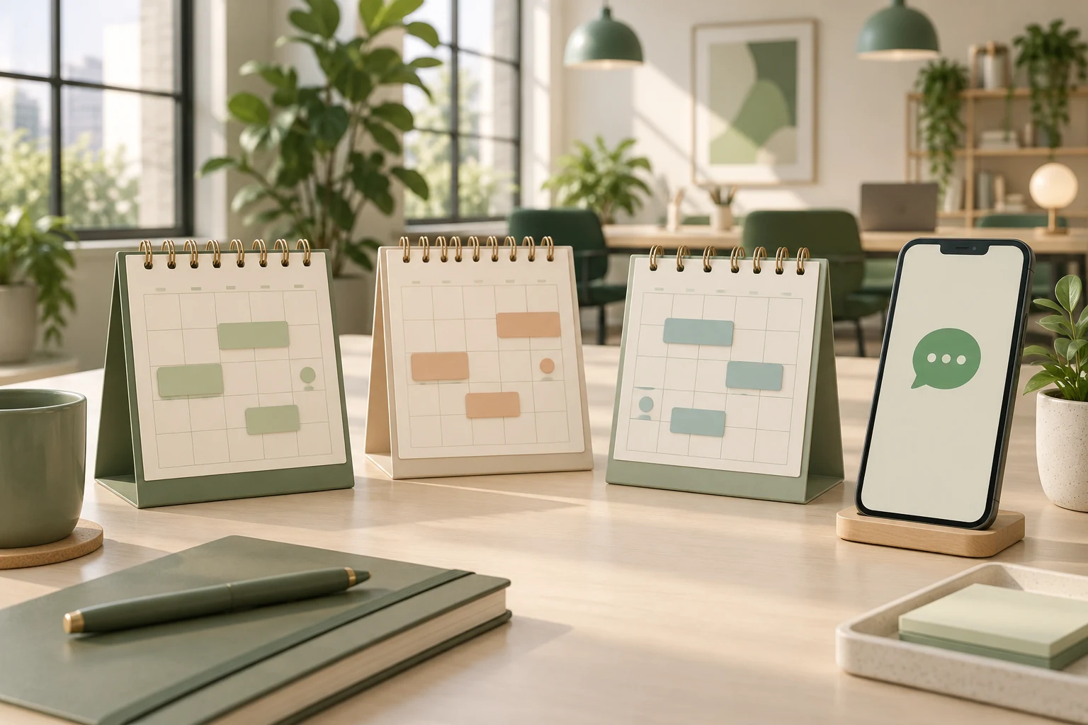 Three separate staff calendars with pastel appointments beside a phone