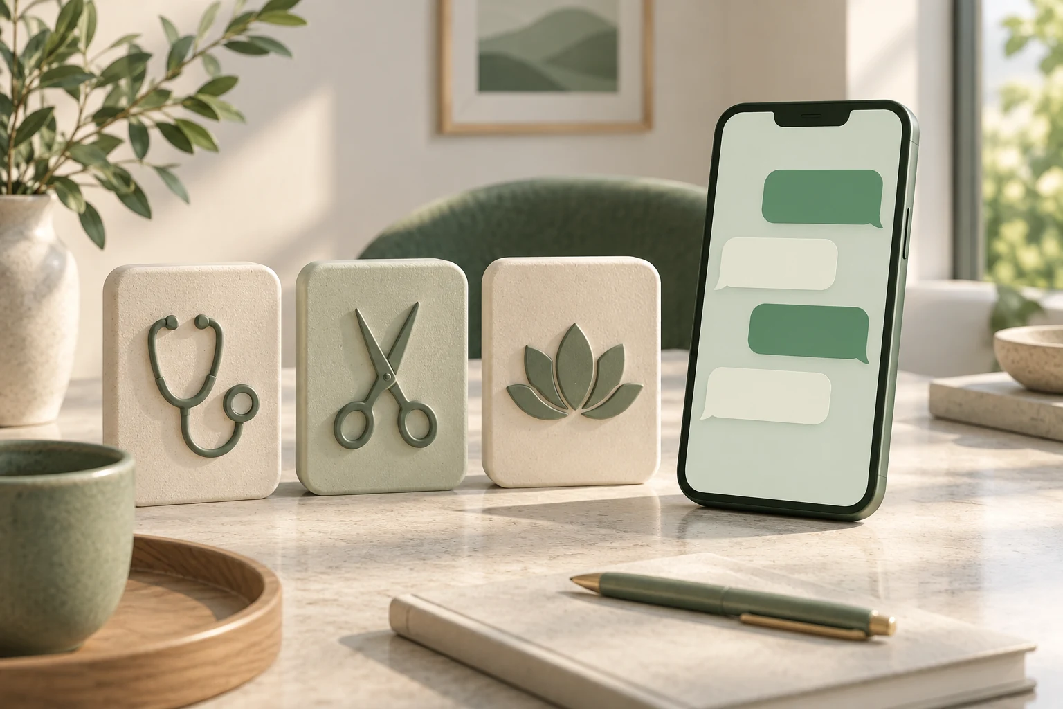 Three service cards beside a phone with abstract conversation bubbles