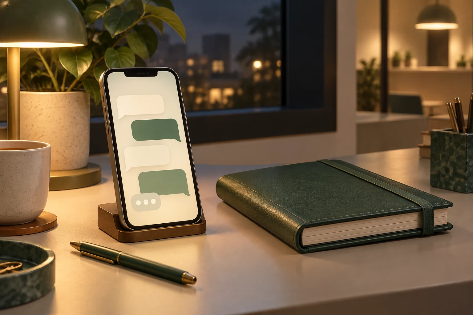 Lit phone with abstract chat bubbles beside an appointment notebook at night