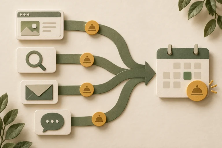 Conceptual website search email and messaging paths converging on an appointment calendar