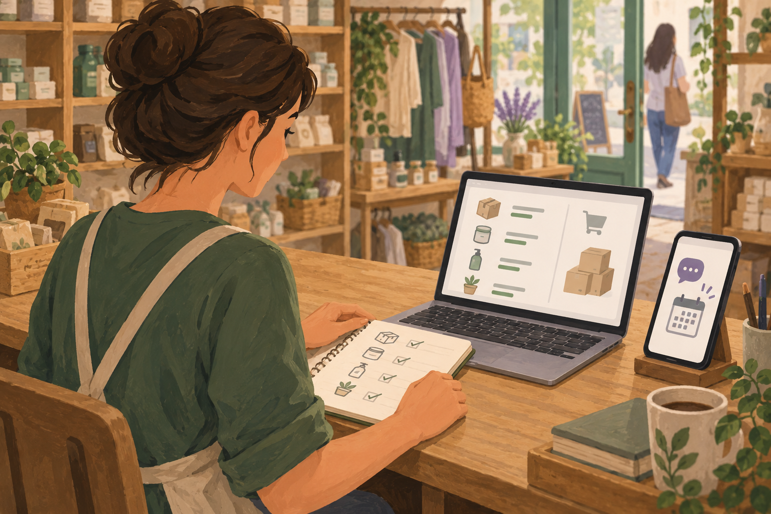 Illustrated shop owner checking inventory on a laptop beside a phone with chat and booking symbols.