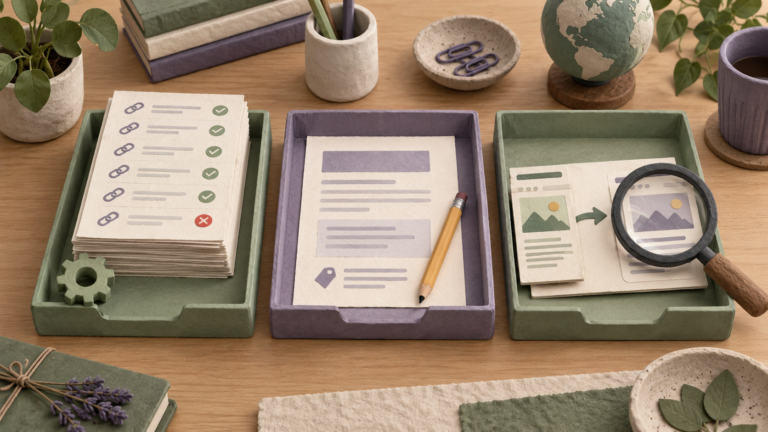Illustrated SEO task cards sorted into repeatable checks, review and investigation trays