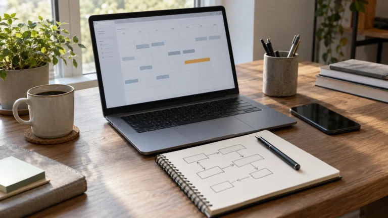 Content calendar, laptop status panel and phone on a troubleshooting desk