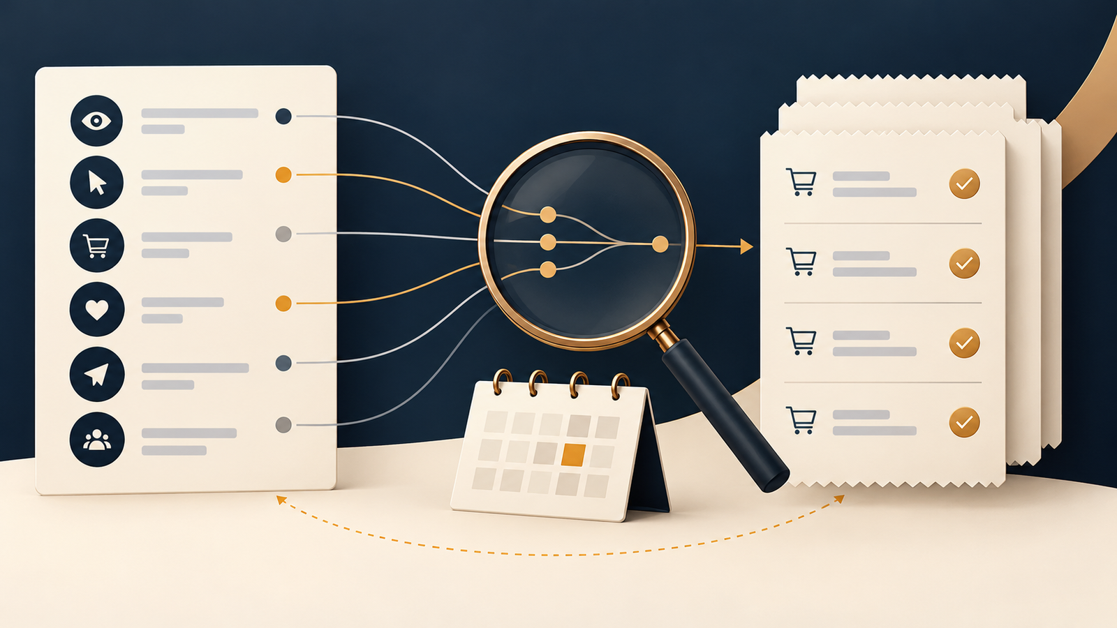 Conceptual comparison of advertising event markers and confirmed store receipts with a calendar and magnifying glass