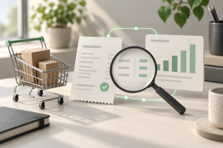 Conceptual shopping cart and order receipt compared with an ecommerce analytics panel