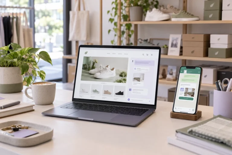 Conceptual retailer desk with a website on a laptop and customer assistance on a phone