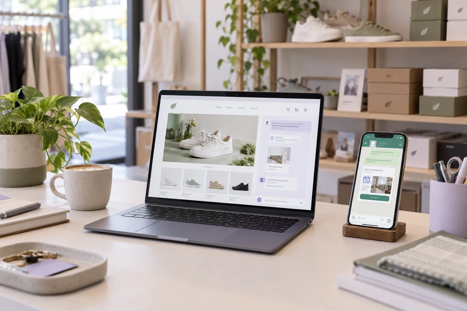 Conceptual retailer desk with a website on a laptop and customer assistance on a phone