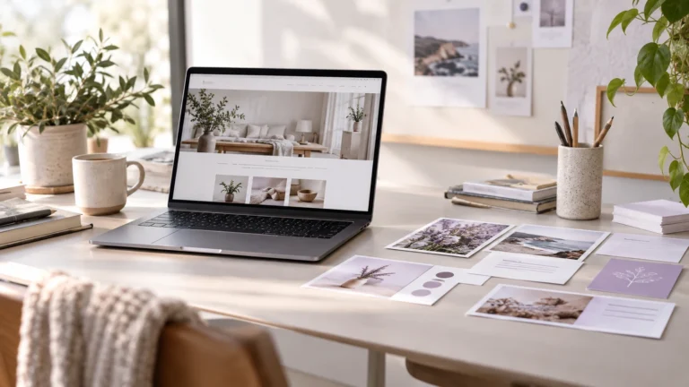 Laptop displaying a business website beside organized text and photograph cards for a WordPress rebuild