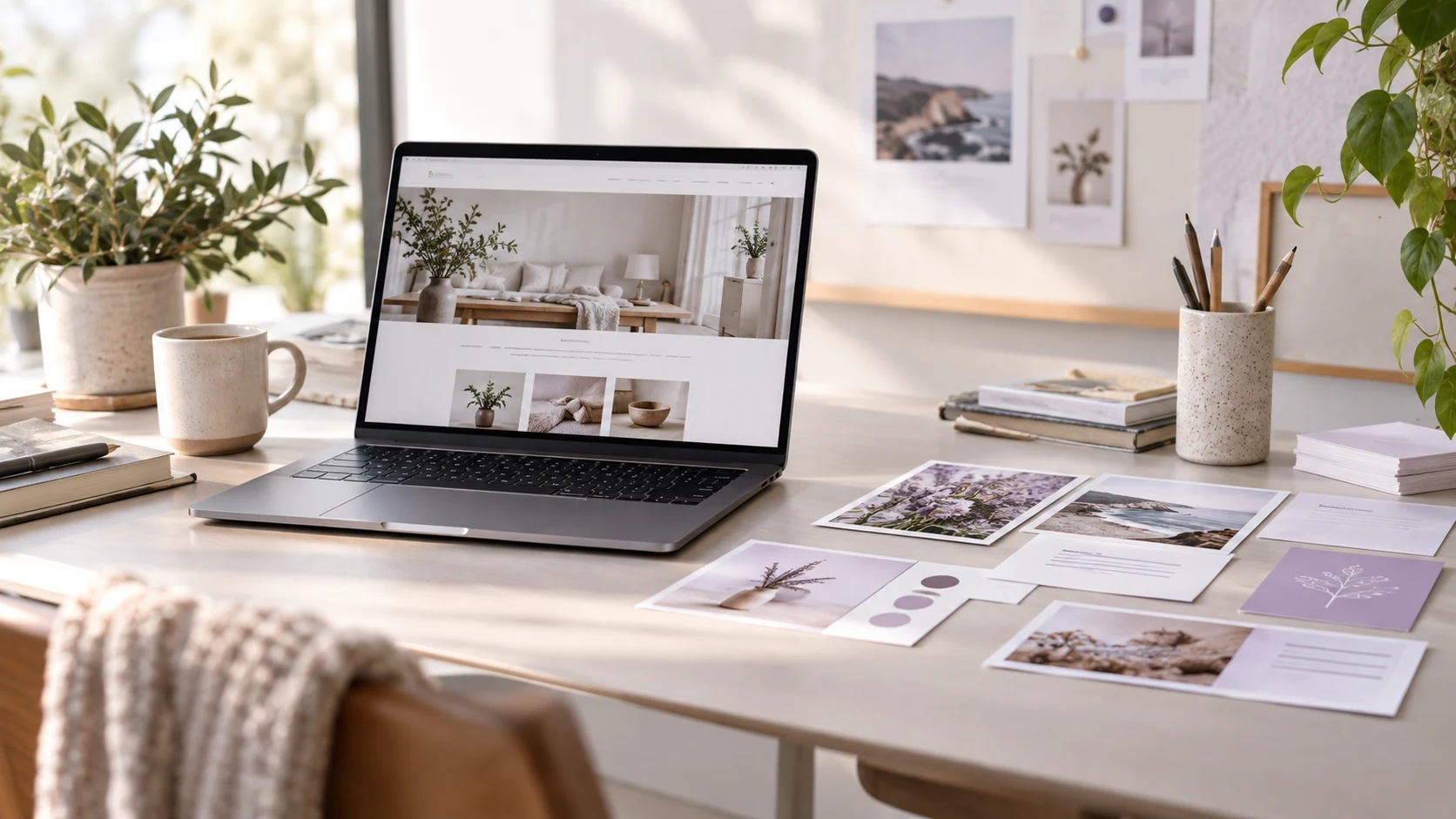 Laptop displaying a business website beside organized text and photograph cards for a WordPress rebuild