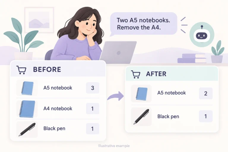 Illustration showing three A5 notebooks reduced to two, the A4 notebook removed, and one black pen kept in the cart.