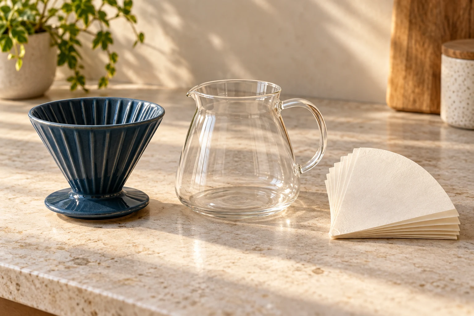 Blue ceramic pour-over coffee dripper, clear glass server and paper filters on a stone counter.