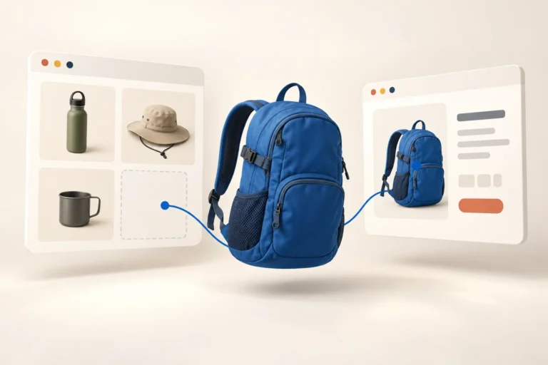 Blue daypack between a shop grid with an empty slot and a product detail card.