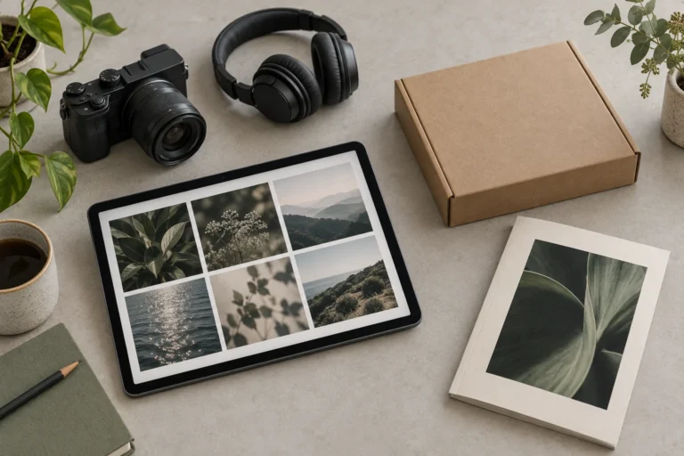 Camera, headphones and a tablet displaying photographs beside a kraft mailing box and a printed botanical booklet.