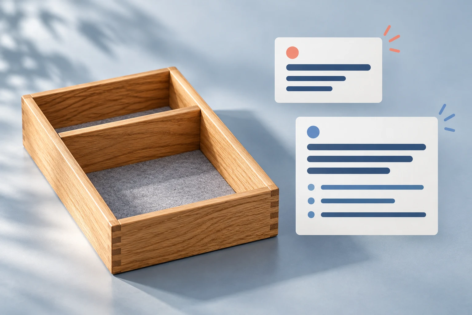Wooden desk tray with a divider and felt lining beside short and long abstract text cards.