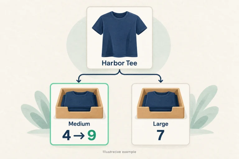 Illustration of Harbor Tee with separately managed sizes: Medium stock changes from 4 to 9 while Large stays at 7.