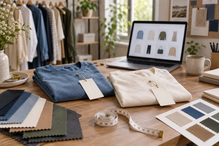 Blue and cream shirts with product tags, fabric samples and a catalog laptop