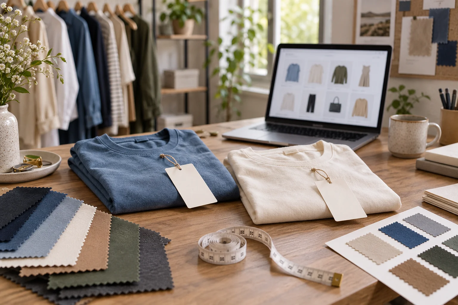Blue and cream shirts with product tags, fabric samples and a catalog laptop