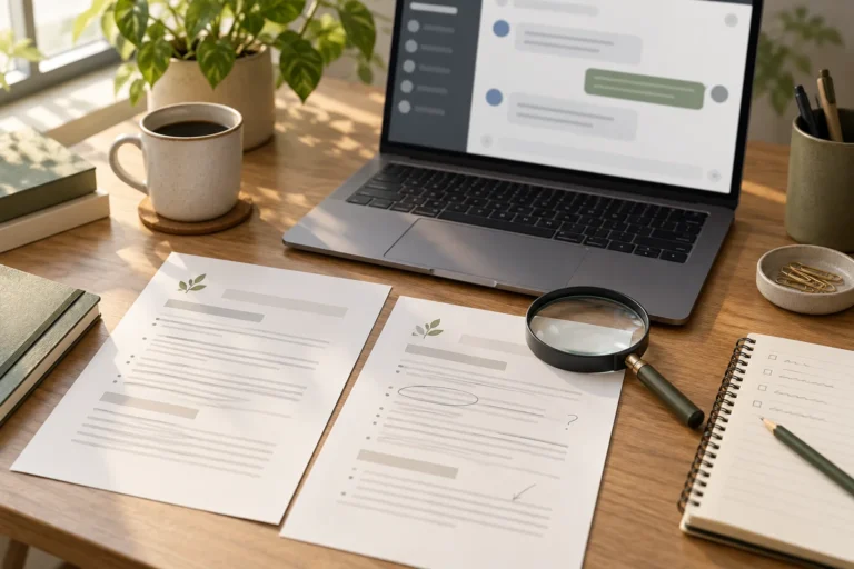 Policy sheets and a magnifying glass beside a generic website chat screen