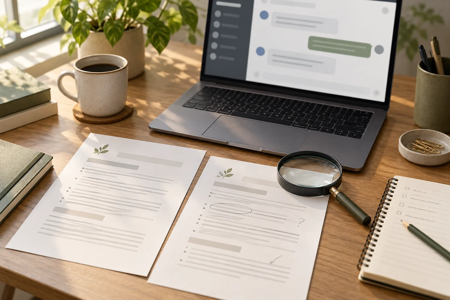 Policy sheets and a magnifying glass beside a generic website chat screen