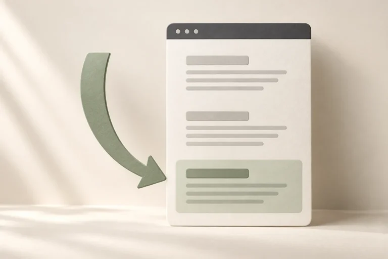A curved sage arrow points to a highlighted lower section on an ivory webpage panel with a charcoal header.