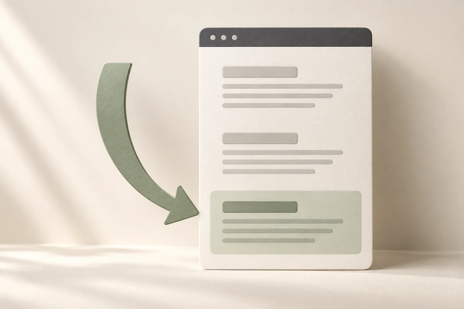 A curved sage arrow points to a highlighted lower section on an ivory webpage panel with a charcoal header.